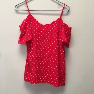 Polka Dot Scalloped Cold Shoulder Top.